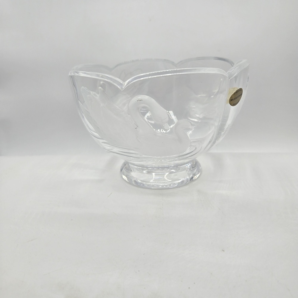 Vintage French Teleflora 24% Lead Crystal Frosted Swan Footed Candy Bowl - Picture 3 of 5